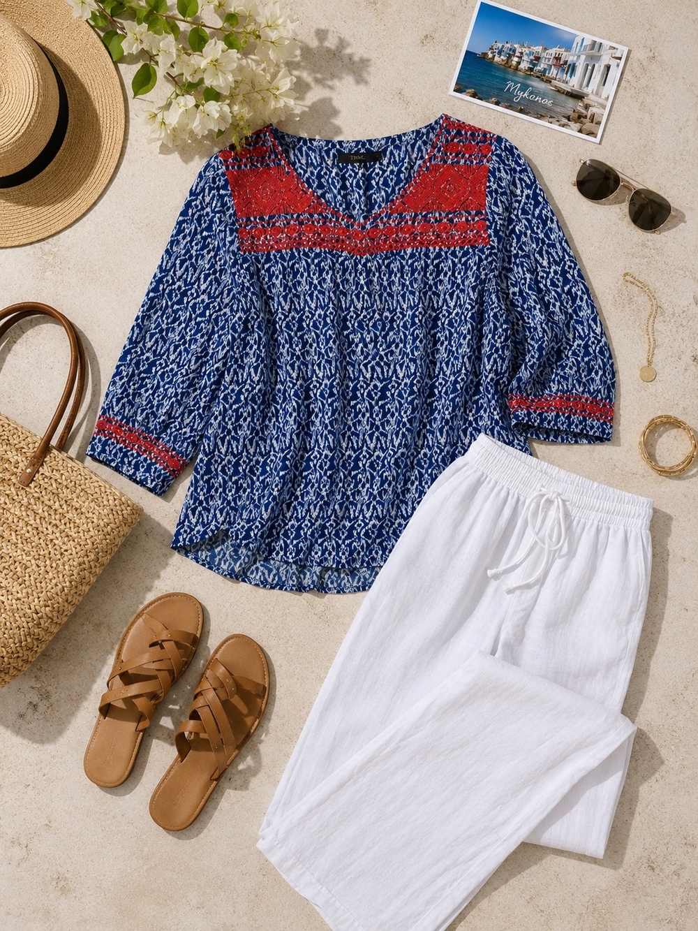 THML Blue Ikat Embroidered Boho Peasant Top Red Embroidery 3/4 Sleeve Women's - Picture 2 of 6